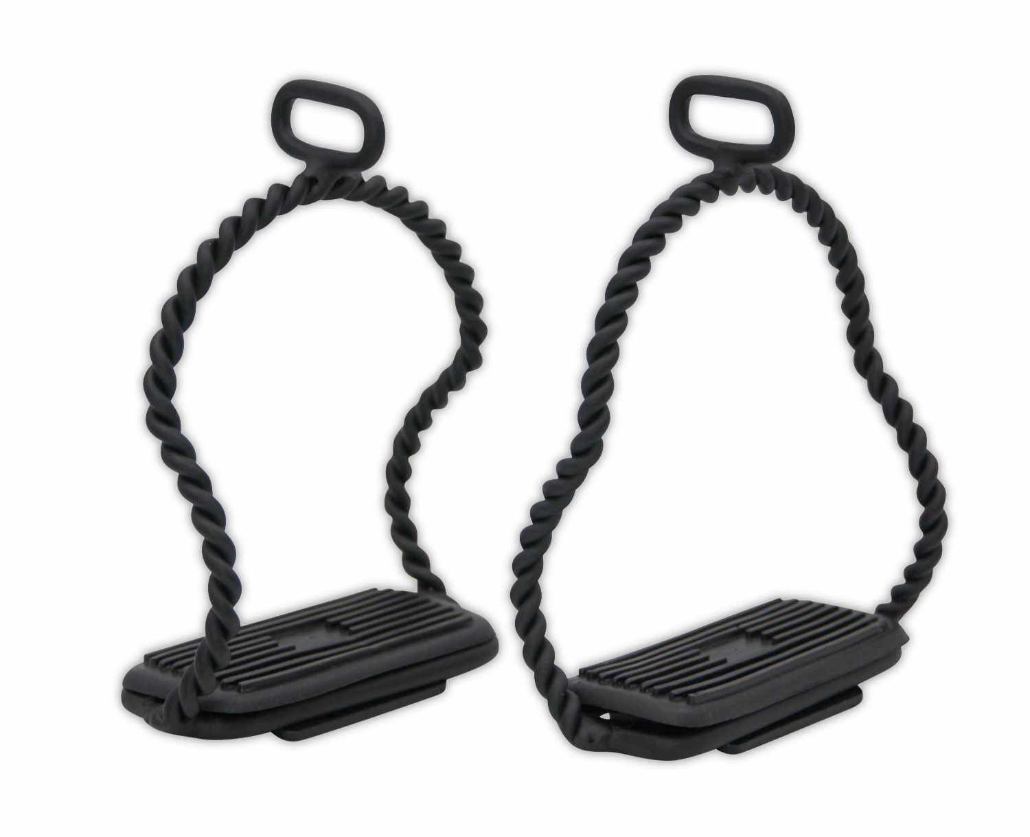 Zwei schwarze Steigbügel mit verdrehten Bügeln und rechteckigen Trittflächen. Oben je eine Schlaufe.