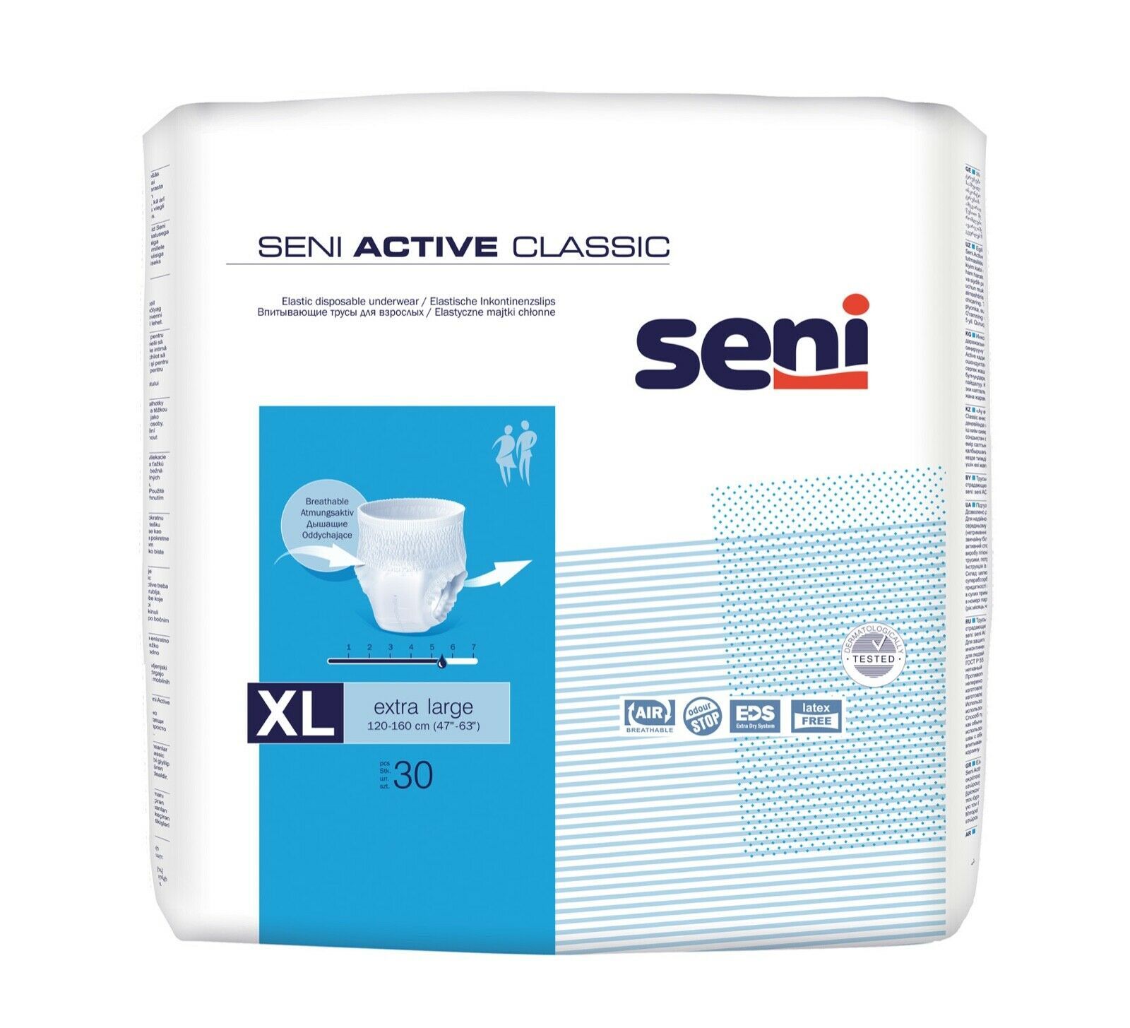 Verpackung Seni Active Classic Inkontinenzpants, Größe XL. 30 Stück. Mit Größenangabe und Produktabbildung.