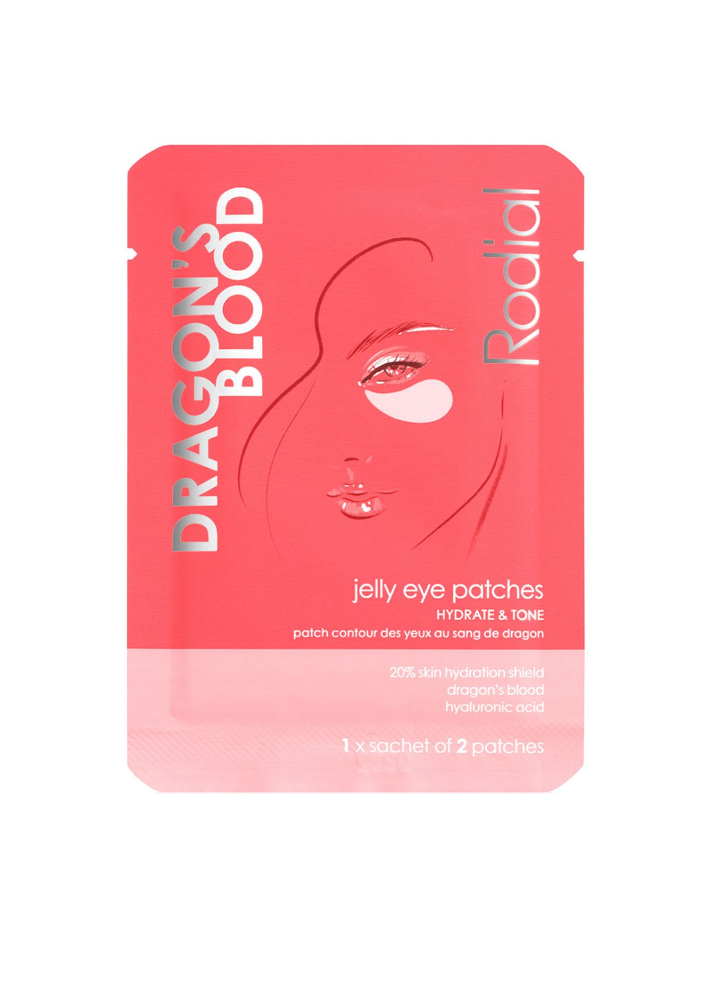 Rosa Sachet mit Produktname und Abbildung. Enthält 1 Sachet Augen-Gelpads. Text: Dragon's Blood, Rodial.