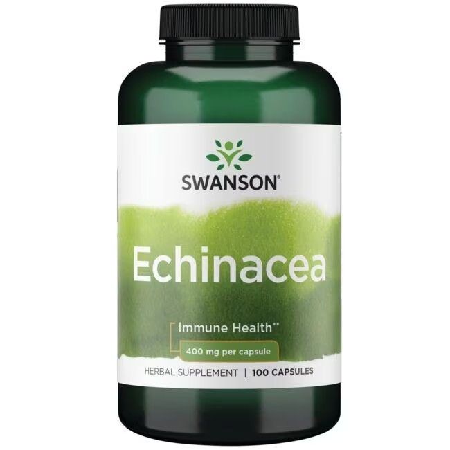 Grüne Flasche mit weißem Etikett. Aufschrift: SWANSON Echinacea 400 mg, 100 Kapseln. Kräuterergänzungsmittel.