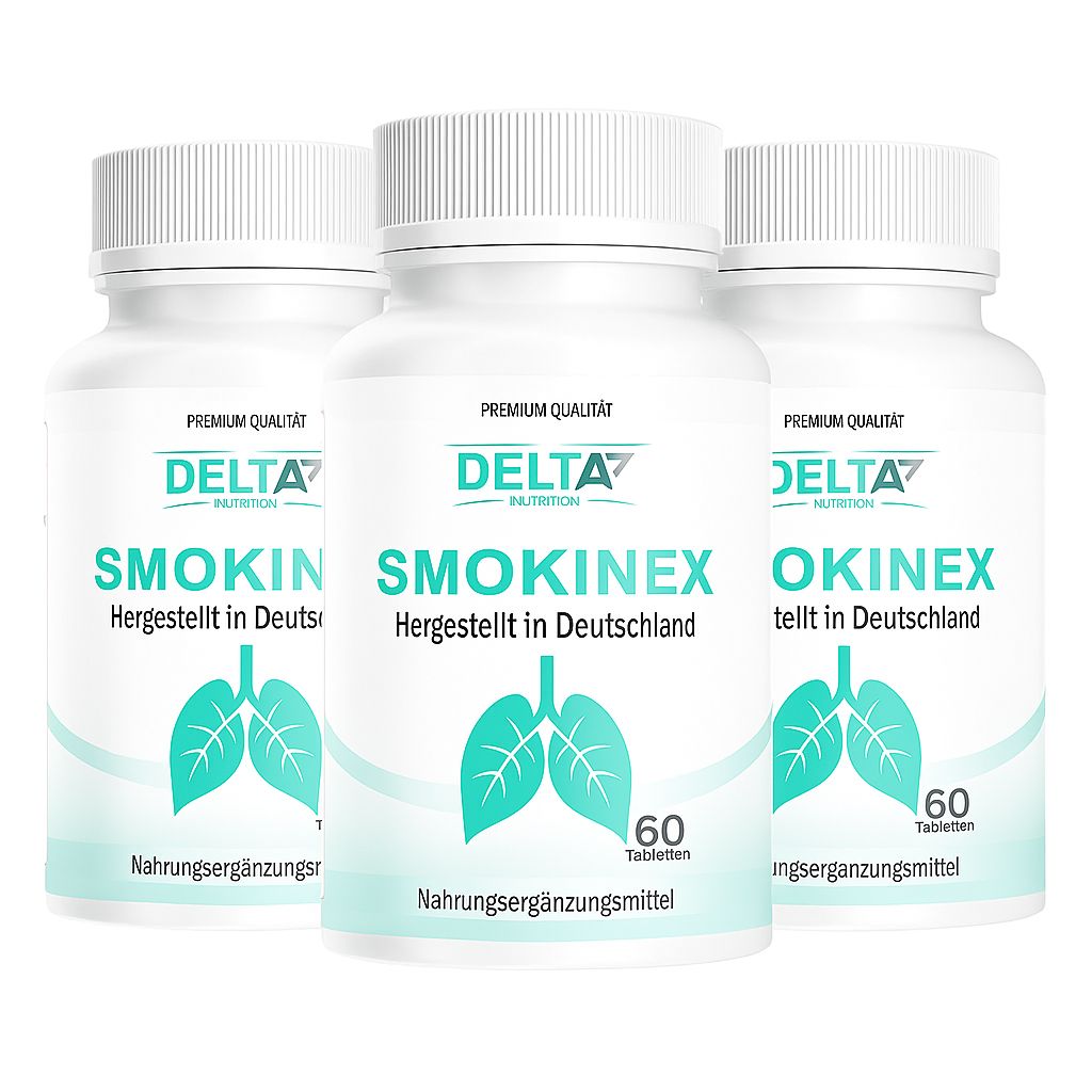 Drei weiße Flaschen mit dem Produktnamen SMOKINEX. Aufschrift: Delta7 Nutrition, 60 Tabletten, hergestellt in Deutschland.