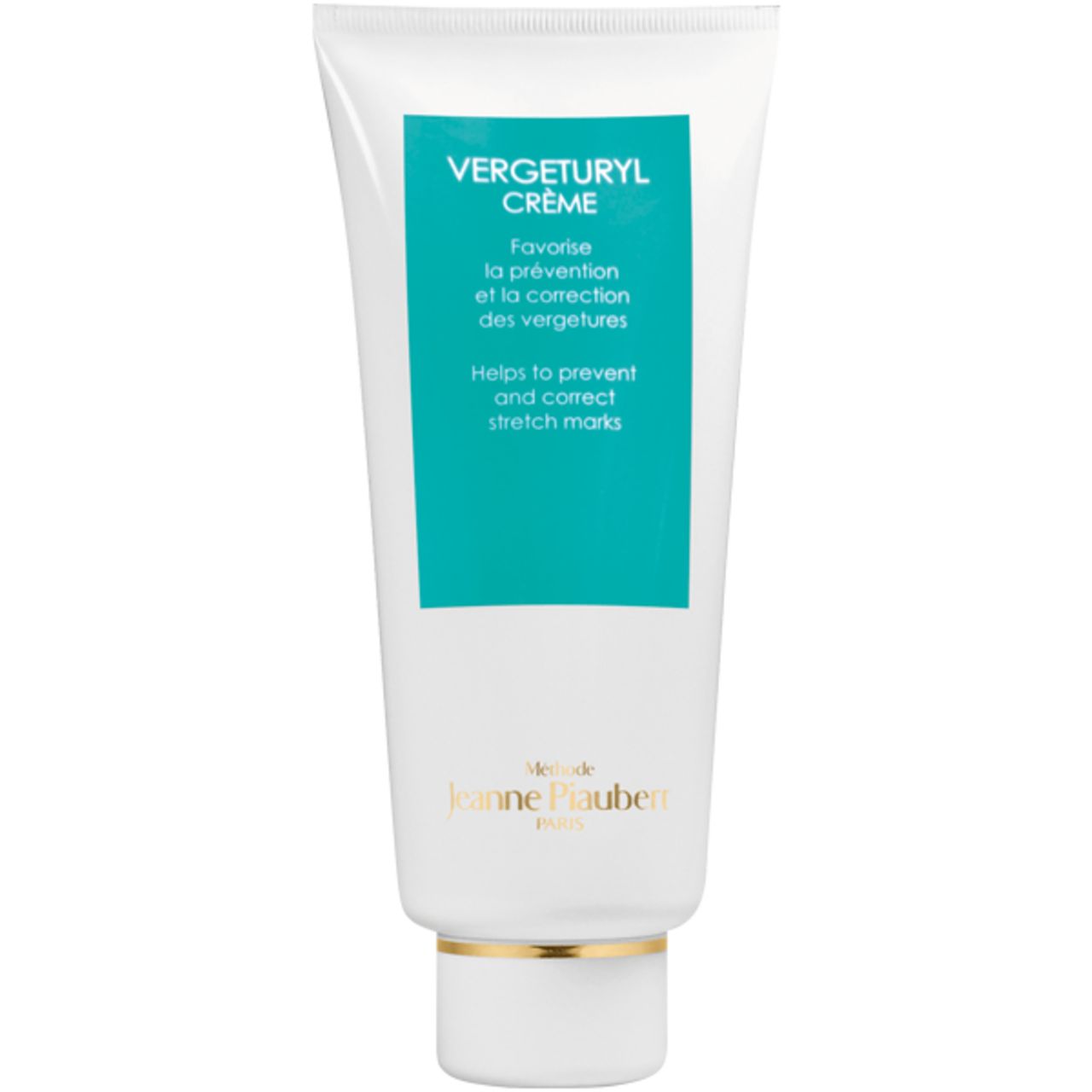 Weißer Creme-Tube mit grünem Etikett. Aufschrift: VERGETURYL CRÈME, hilft, Dehnungsstreifen vorzubeugen und zu korrigieren. Marke: Jeanne Piaubert.