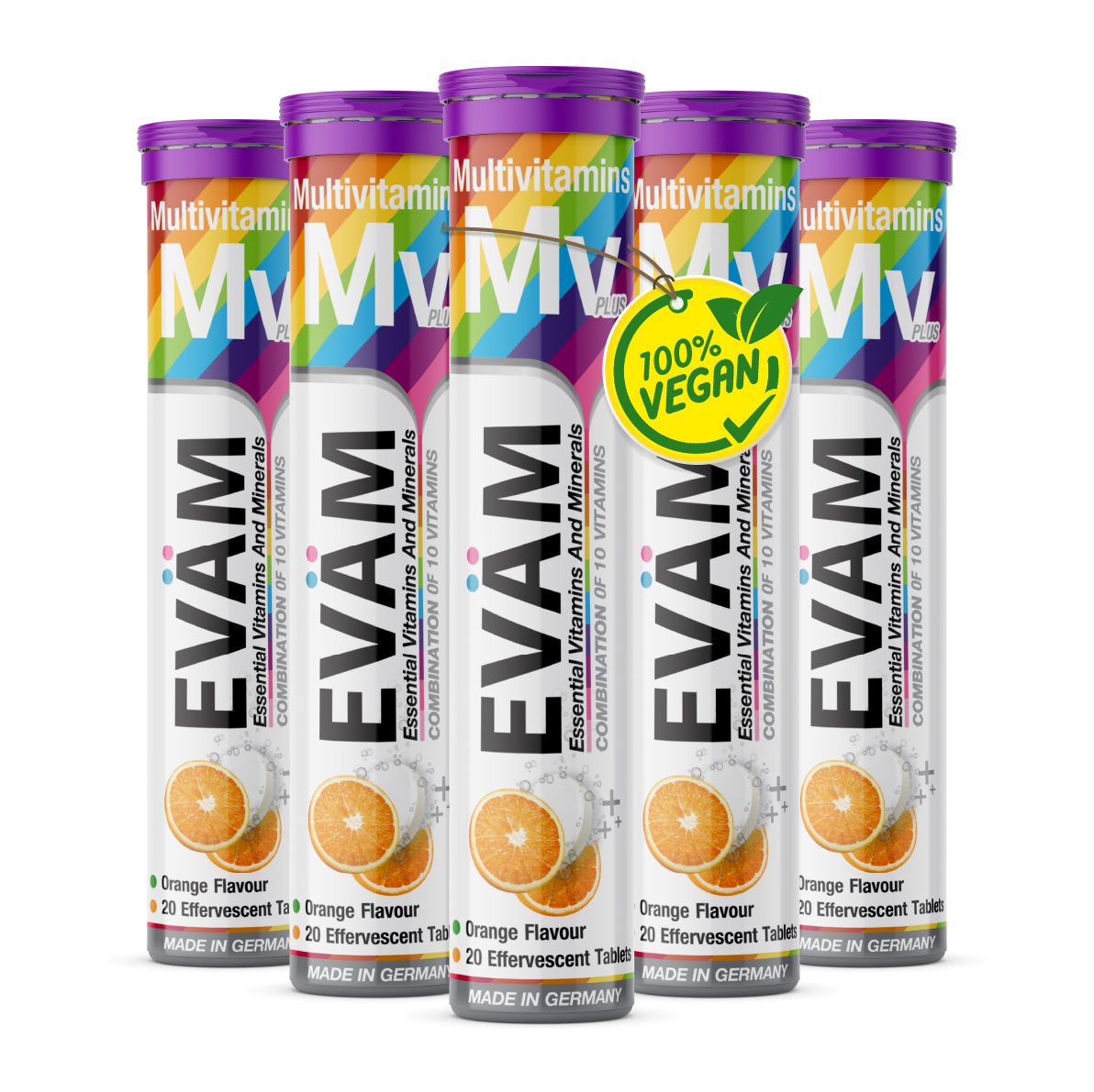 Fünf Tuben EVÄM Multivitamin Brausetabletten. Jede Tube enthält 20 Brausetabletten mit Orangengeschmack. Vegan-Siegel.
