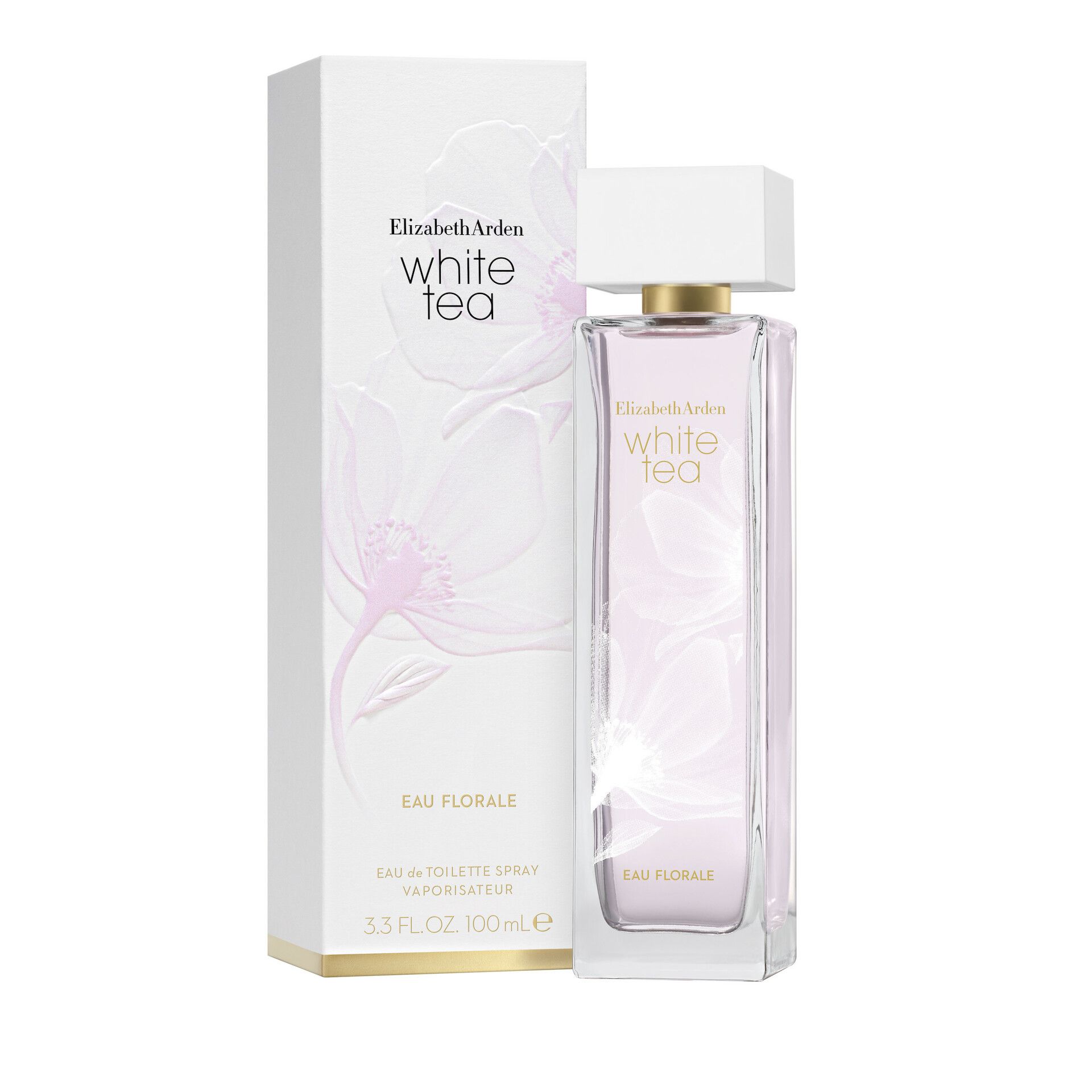Flakon und Verpackung. Aufschrift "Elizabeth Arden white tea eau florale".