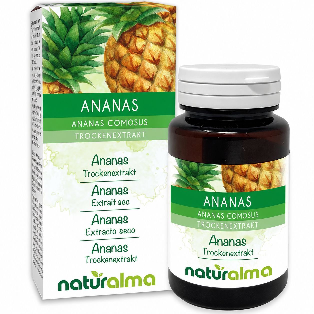Flasche und Schachtel mit Ananas (Ananas Comosus) Trockenextrakt. Natürliche Inhaltsstoffe.