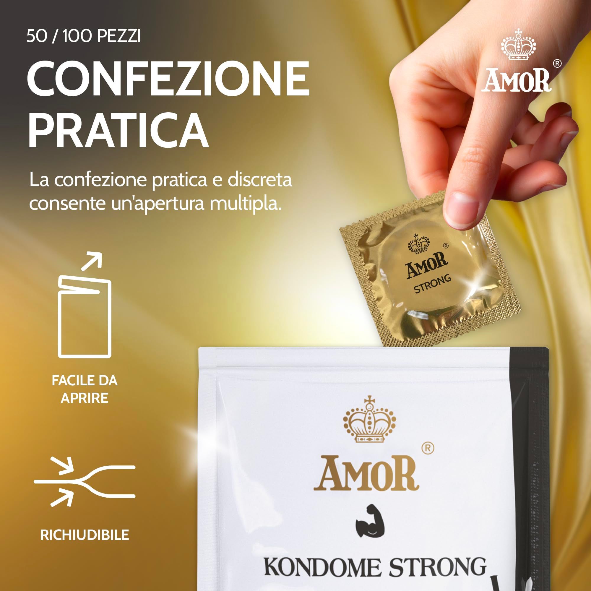 Hand hält Amor Strong Kondom-Einzelverpackung, leicht zu öffnen.