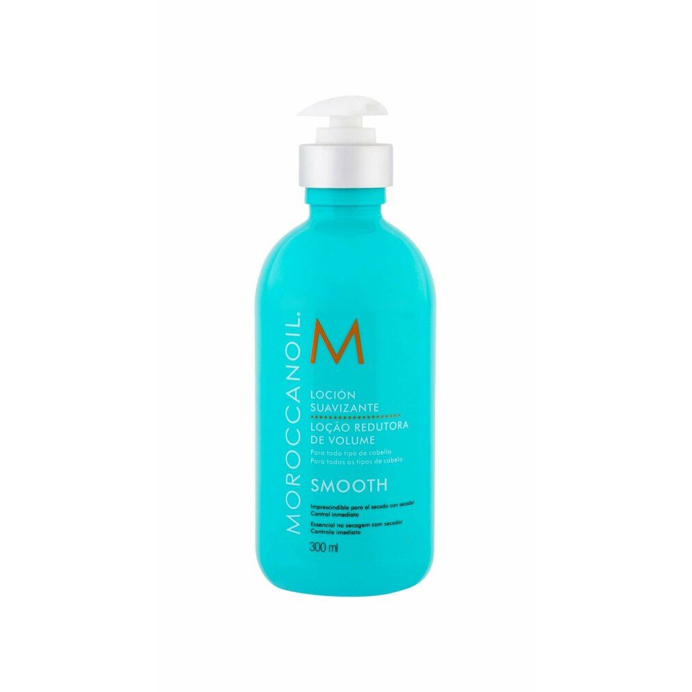 Türkisblaue Flasche mit Pumpe. Aufschrift: Moroccanoil, Lociòn Suavizante, Smooth. Orangefarbenes M-Logo.