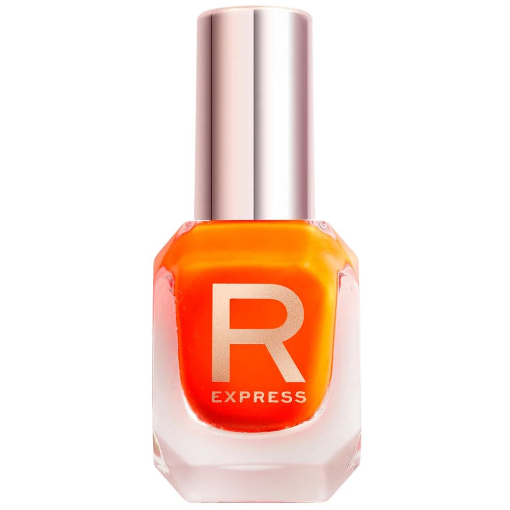 Orangefarbener Nagellack in einem sechseckigen Glasfläschchen mit silbernem Deckel und Applikator.