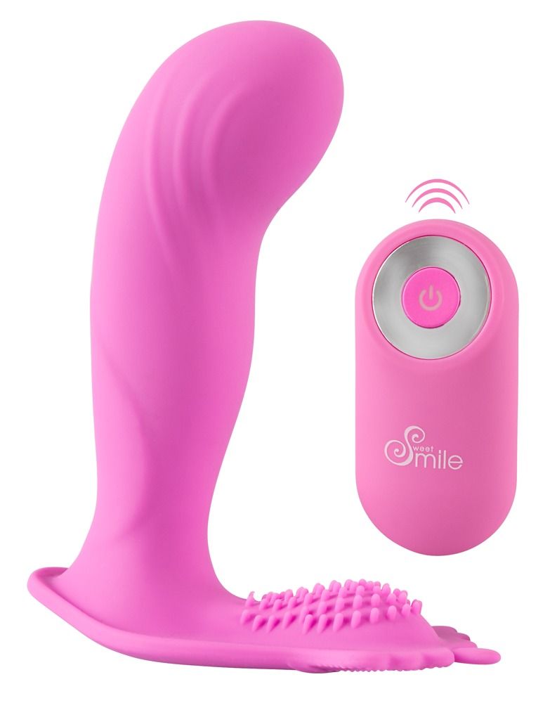 Rosa Vibrator mit Fernbedienung. Fernbedienung mit Knopf und Logo. Vibrator mit Noppen.