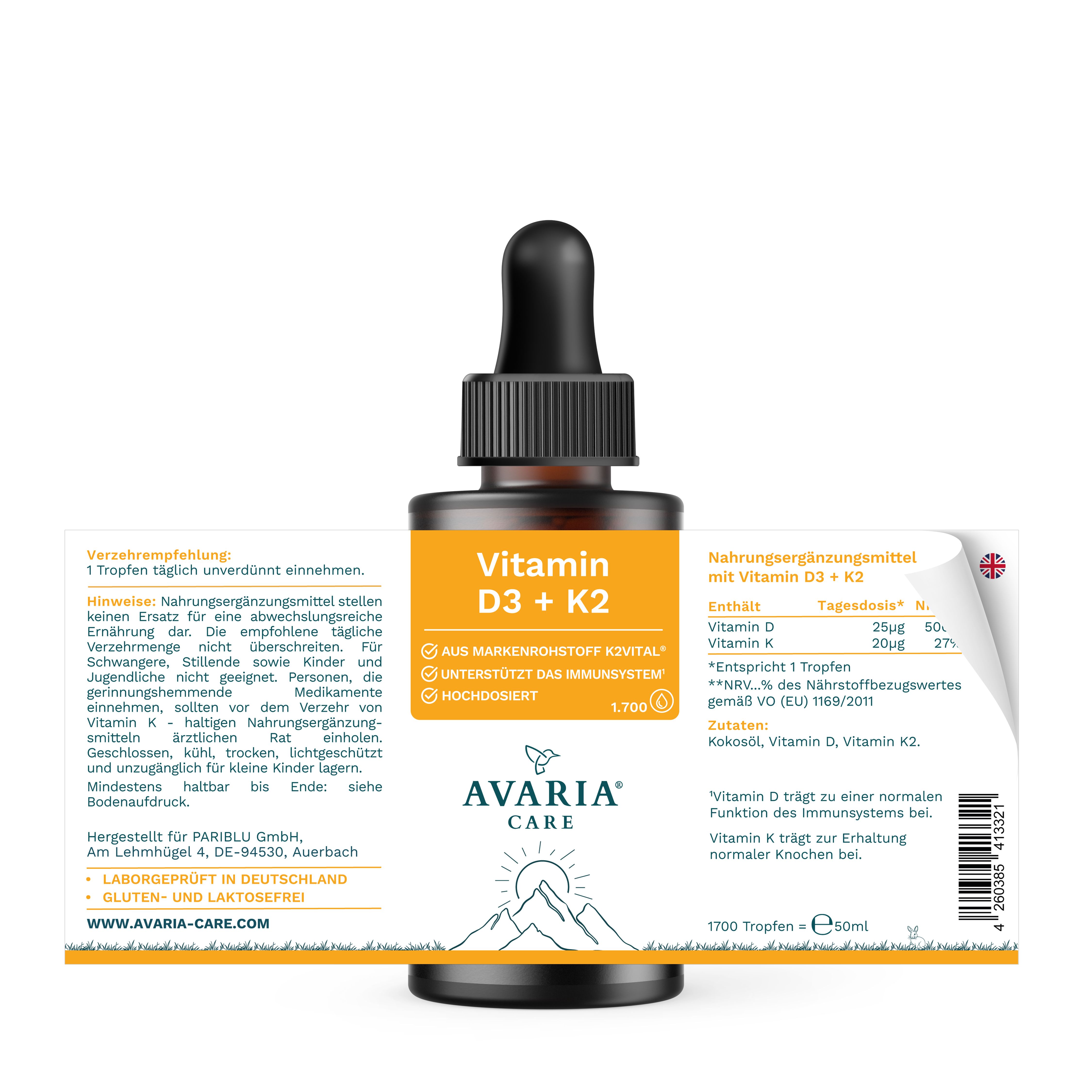 Produktflasche mit Etikett. Aufschrift: Vitamin D3 + K2. Text: Nahrungsergänzungsmittel. Logo: AVARIA CARE. Enthält Vitamin D und K.