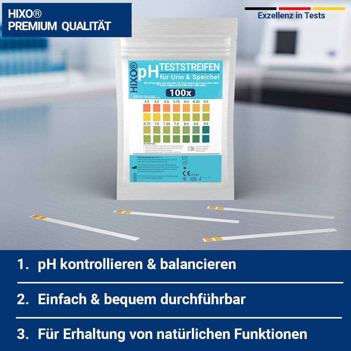 Verpackung mit pH-Teststreifen. Text: pH Teststreifen, Urin & Speichel, 100 Stück. 3 Anwendungshinweise.