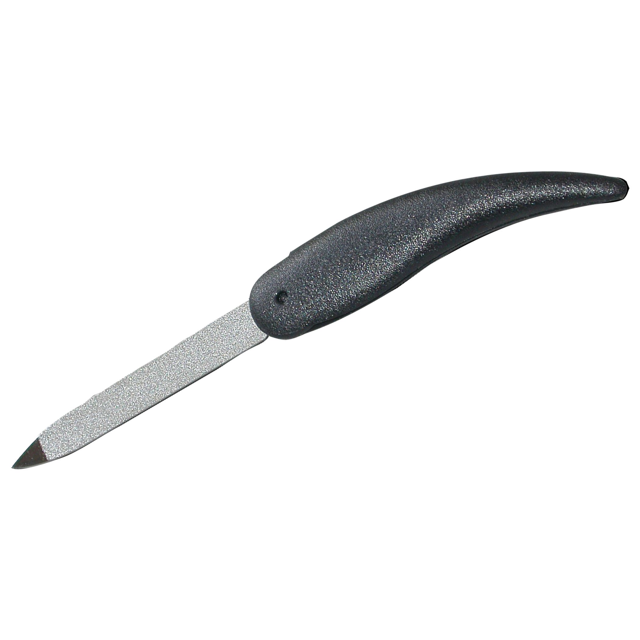 Schwarze, klappbare Nagelfeile aus Metall mit ergonomischem Griff.