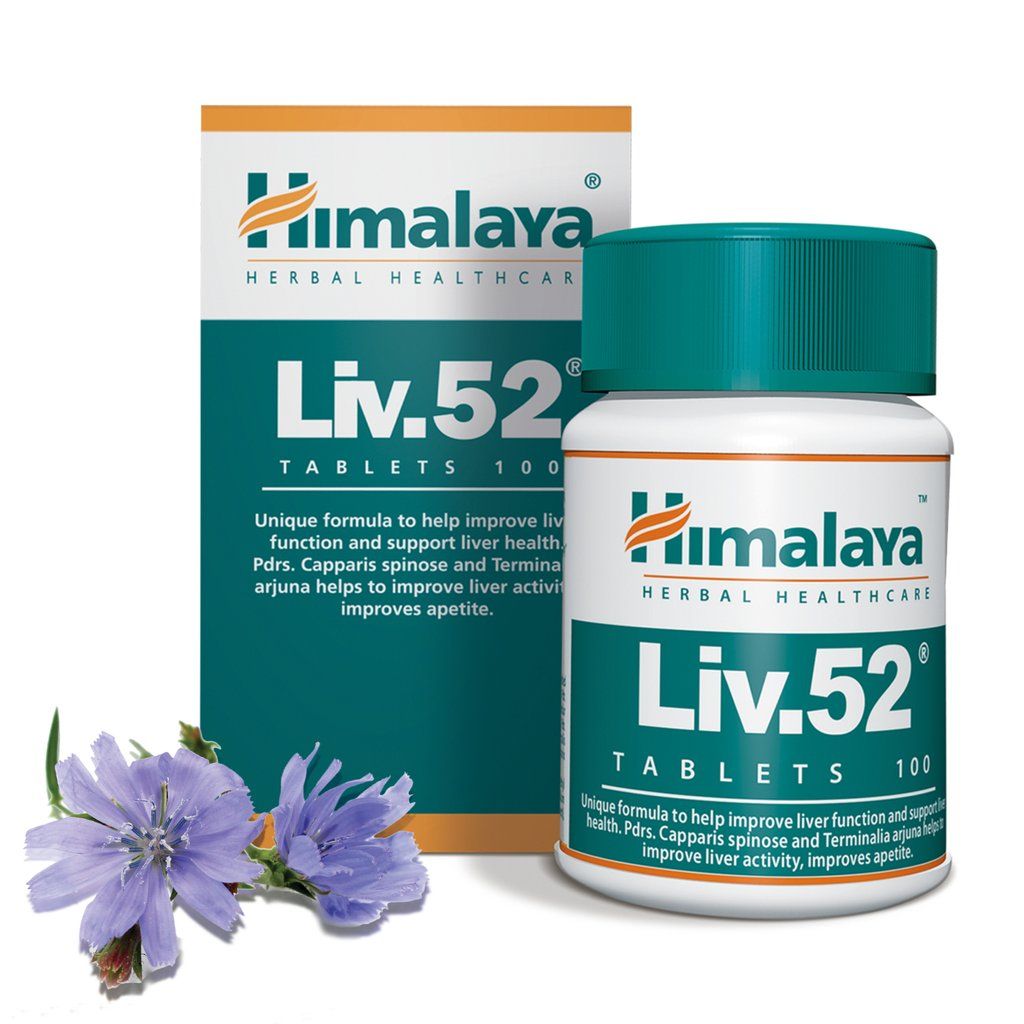 Himalaya Liv.52 Tabletten Flasche und Verpackung mit Chicoréeblüte.