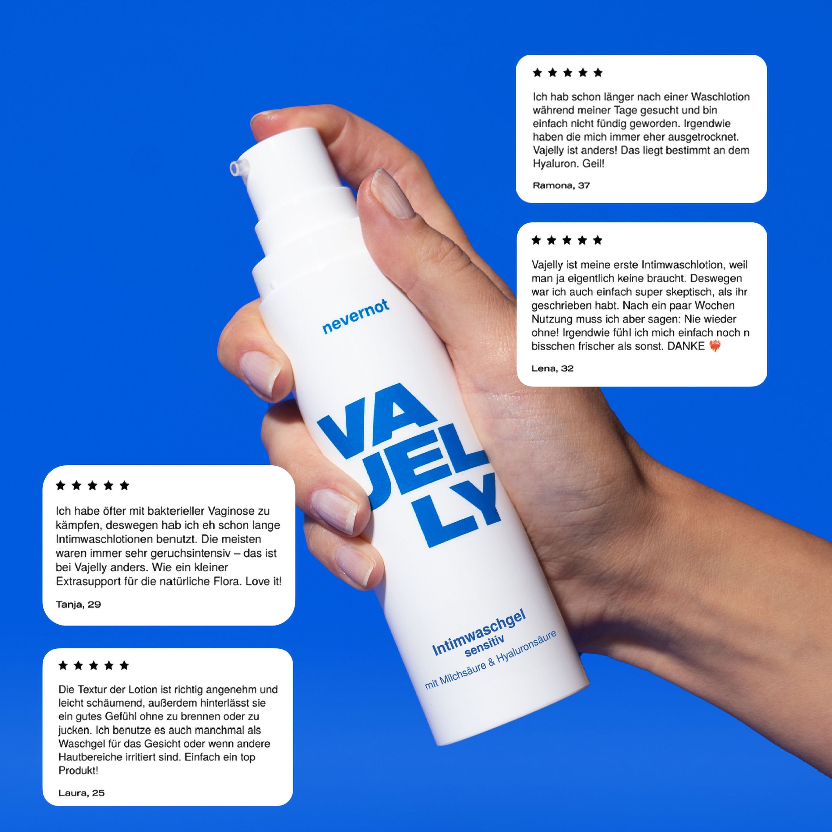 Hand hält eine weiße Flasche. Aufschrift: Nevernot, Vajelly, Intimwaschgel sensitiv. Mit Milchsäure & Hyaluronsäure. Zitate von Kunden.