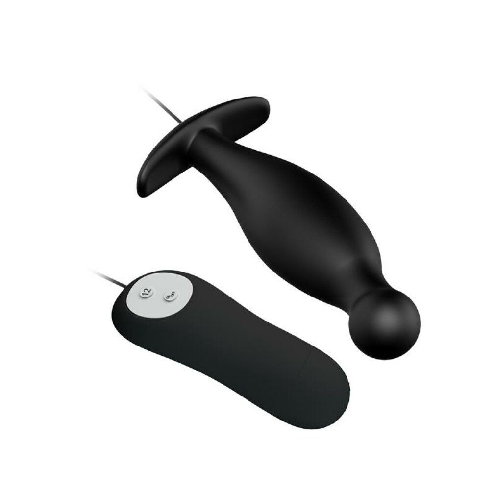 Schwarzer Analplug mit T-förmiger Basis und Fernbedienung mit zwei Knöpfen.