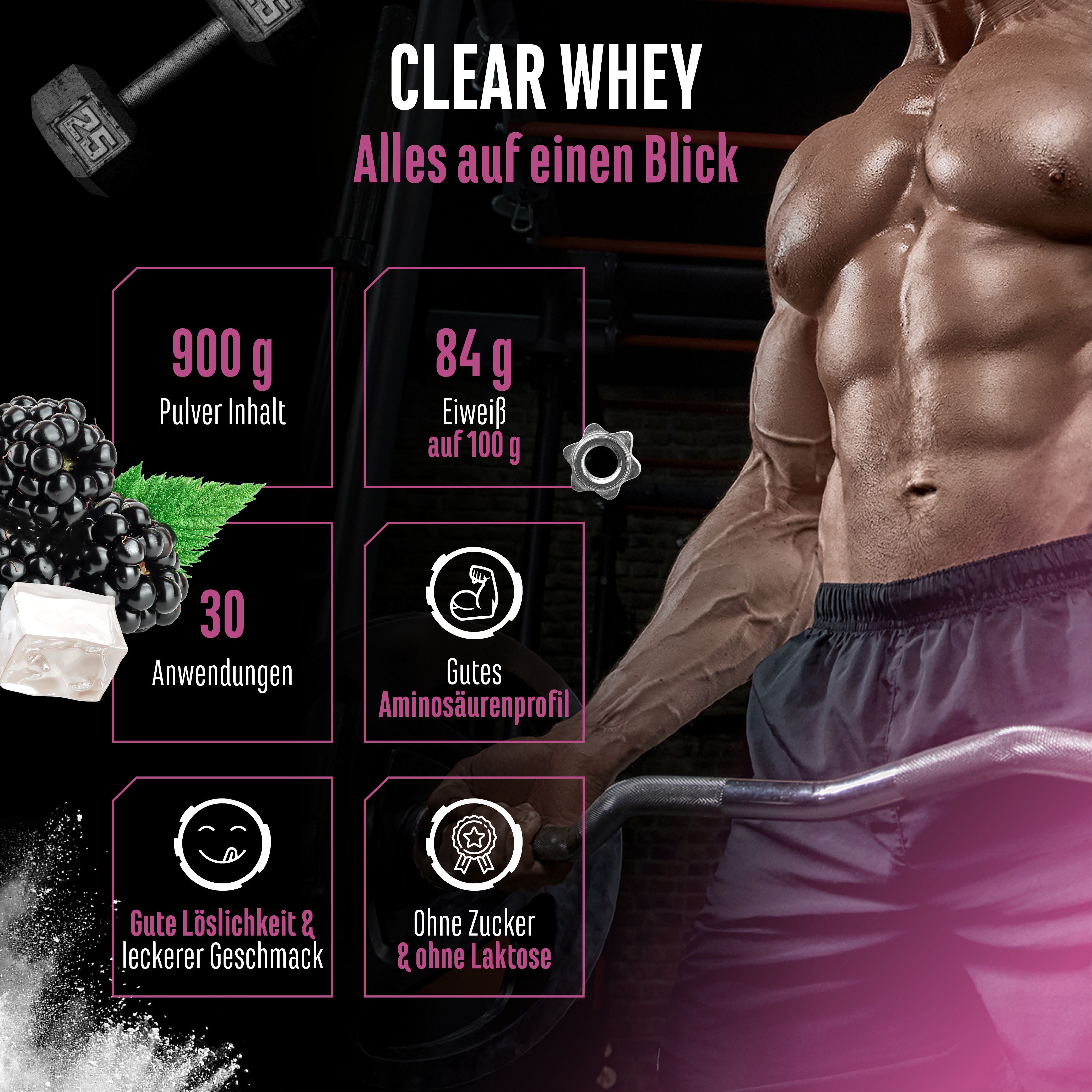 Infografik zu Clear Whey. Text: 900g Pulver, 84g Eiweiß, 30 Anwendungen, Aminosäurenprofil, gute Löslichkeit, ohne Zucker und Laktose.
