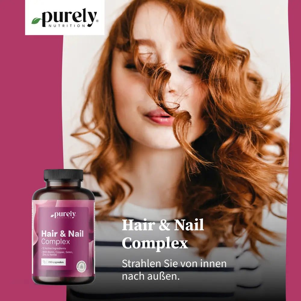 Eine Flasche Purely Nutrition Hair & Nail Complex mit 60 Kapseln.