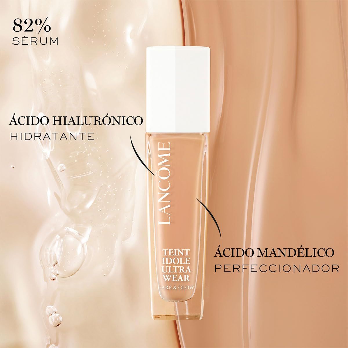 Make-up-Flakon mit Text und Pfeilen. Aufschrift: Lancôme, Teint Idole Ultra Wear Care & Glow.