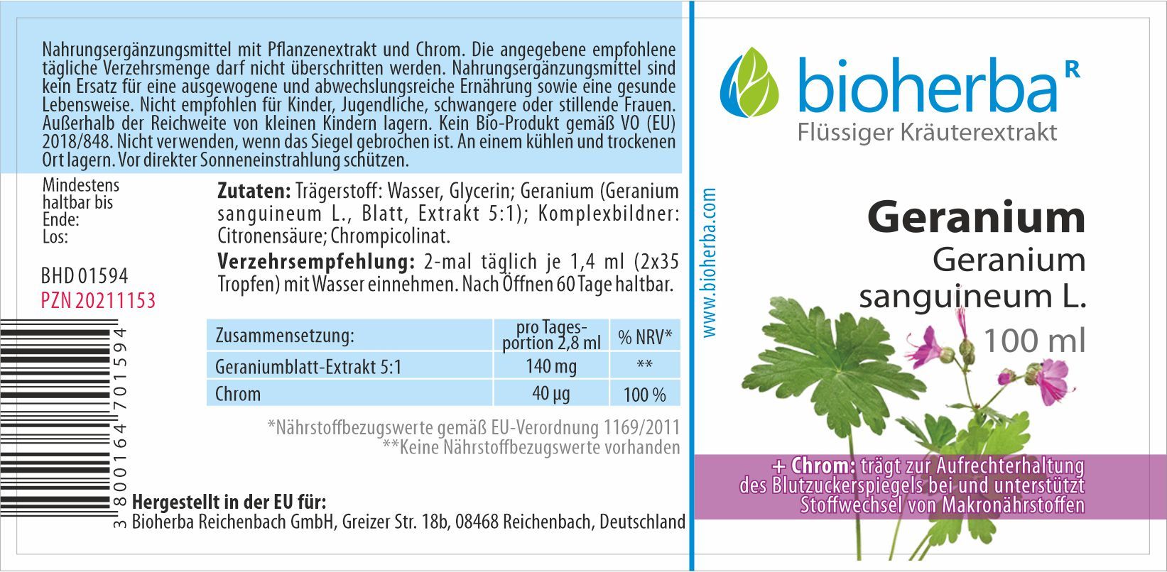 Etikett mit Produktinformationen. Bioherba Geranium, Geranium sanguineum L. Tinktur, 100 ml. Zutaten, Verzehrempfehlung, Nährwertangaben.