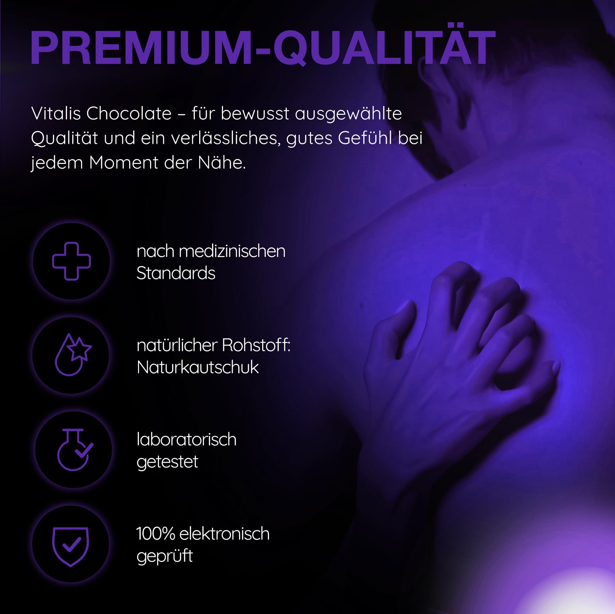 Vitalis Schoko-Kondome: Premium-Qualität, Naturkautschuk, getestet, geprüft.