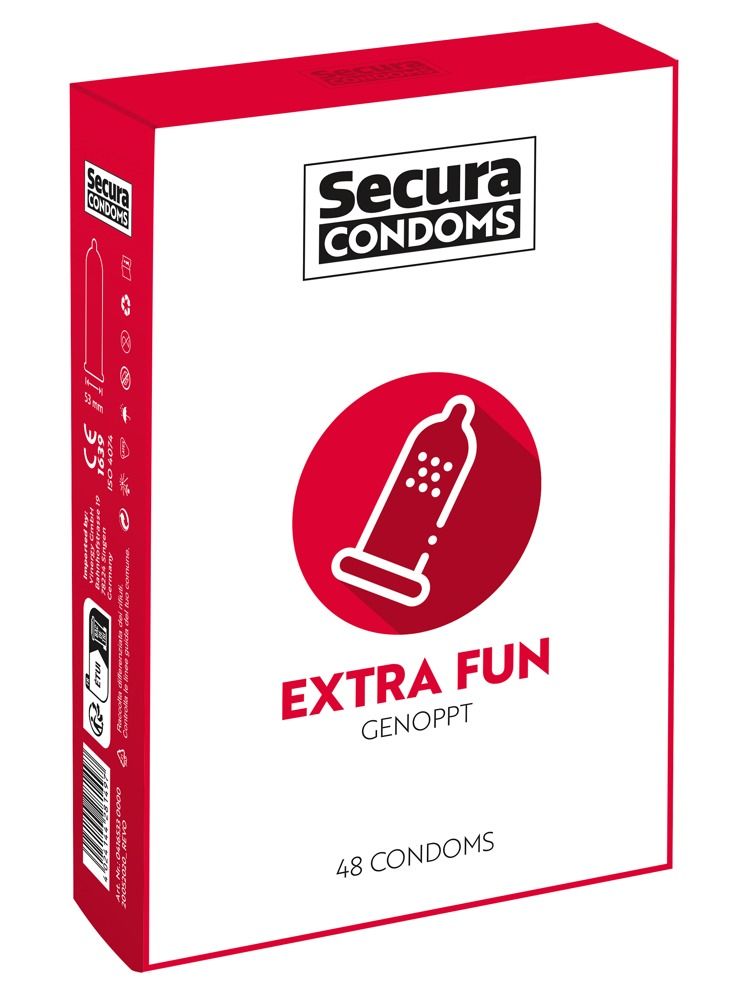 Verpackung von Secura Condoms Extra Fun, 48 Kondome. Roter Kreis mit Kondom-Symbol.
