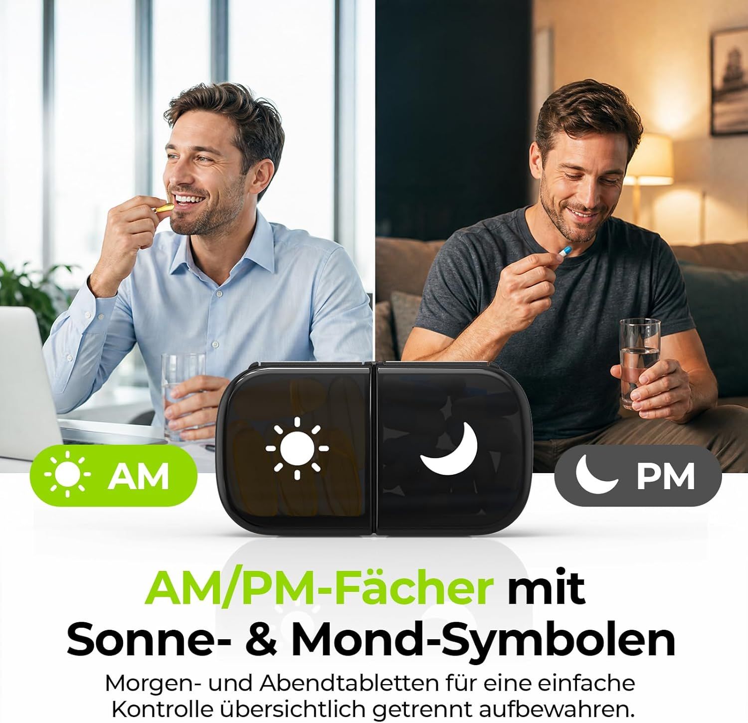 Schwarze Pillendose mit 4 Fächern, gefüllt mit Pillen und Kapseln.