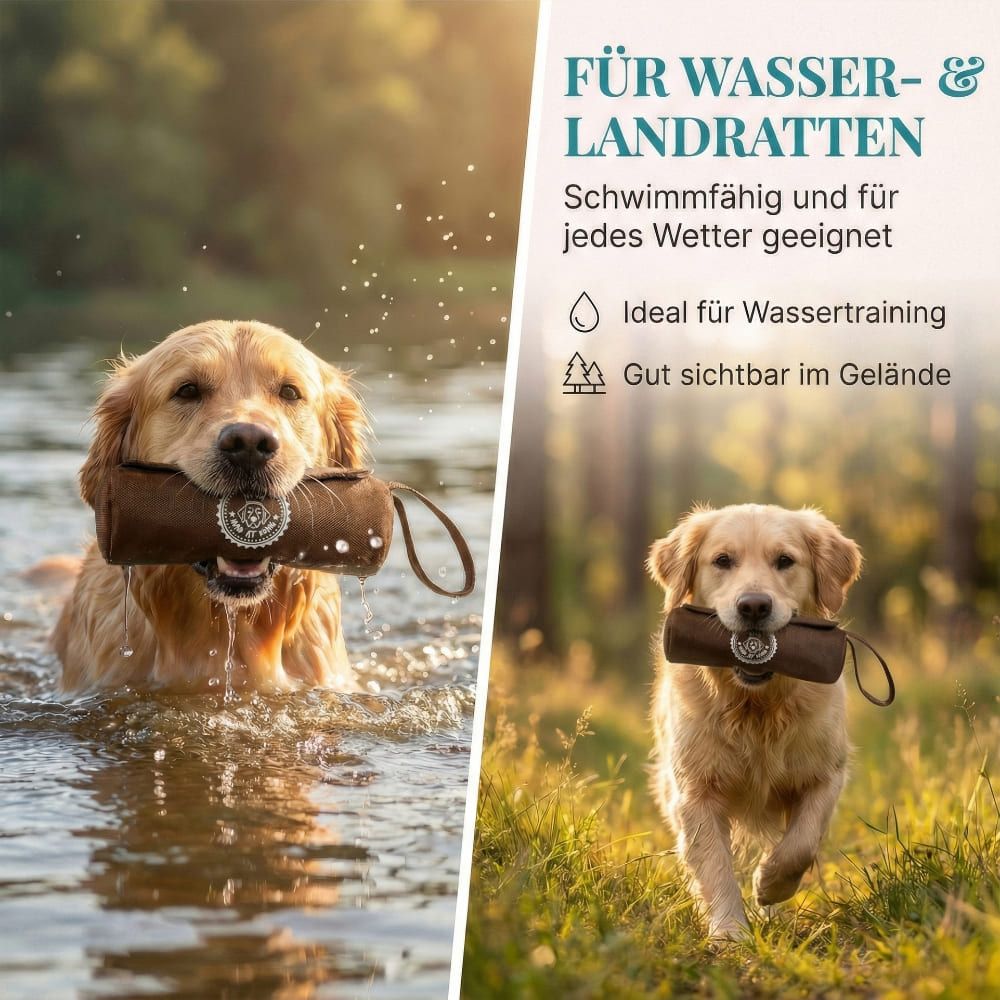 Zwei Hunde im Wasser und auf Wiese mit braunem Dummy. Text: Für Wasser- & Landratten. Ideal für Wassertraining.