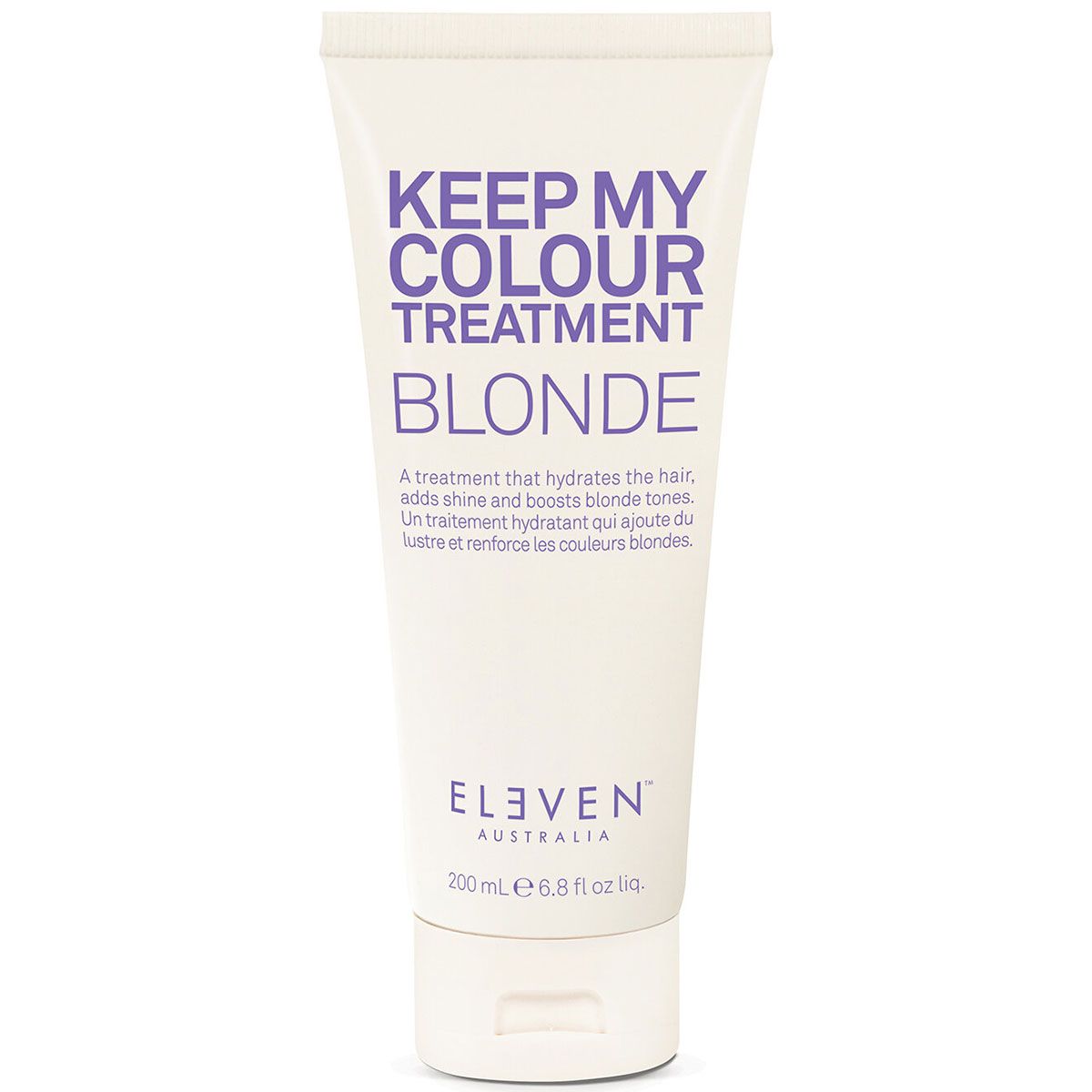 Weiße Tube mit lila Schrift: Keep My Colour Treatment Blonde. Enthält 200 ml.