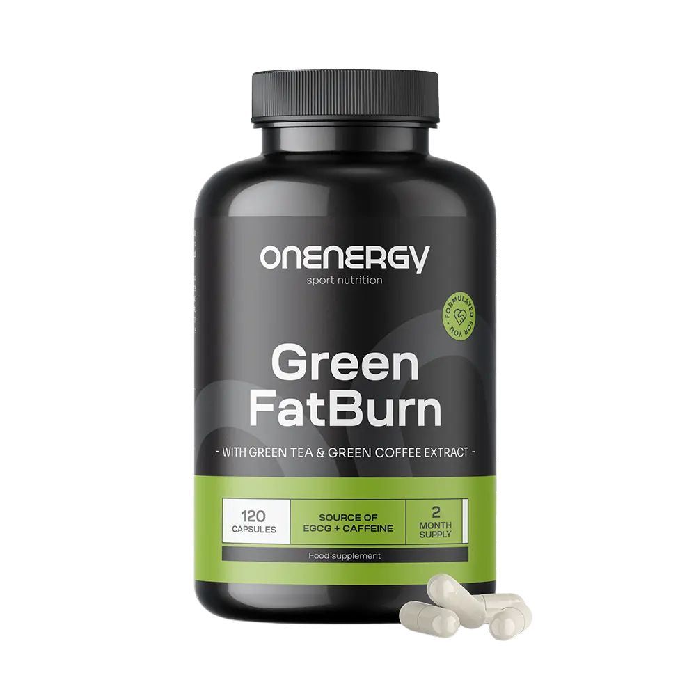 Schwarze Flasche mit "OnEnergy Green FatBurn"-Kapseln. 120 Kapseln, 2-Monats-Vorrat. Grüne und weiße Schrift.