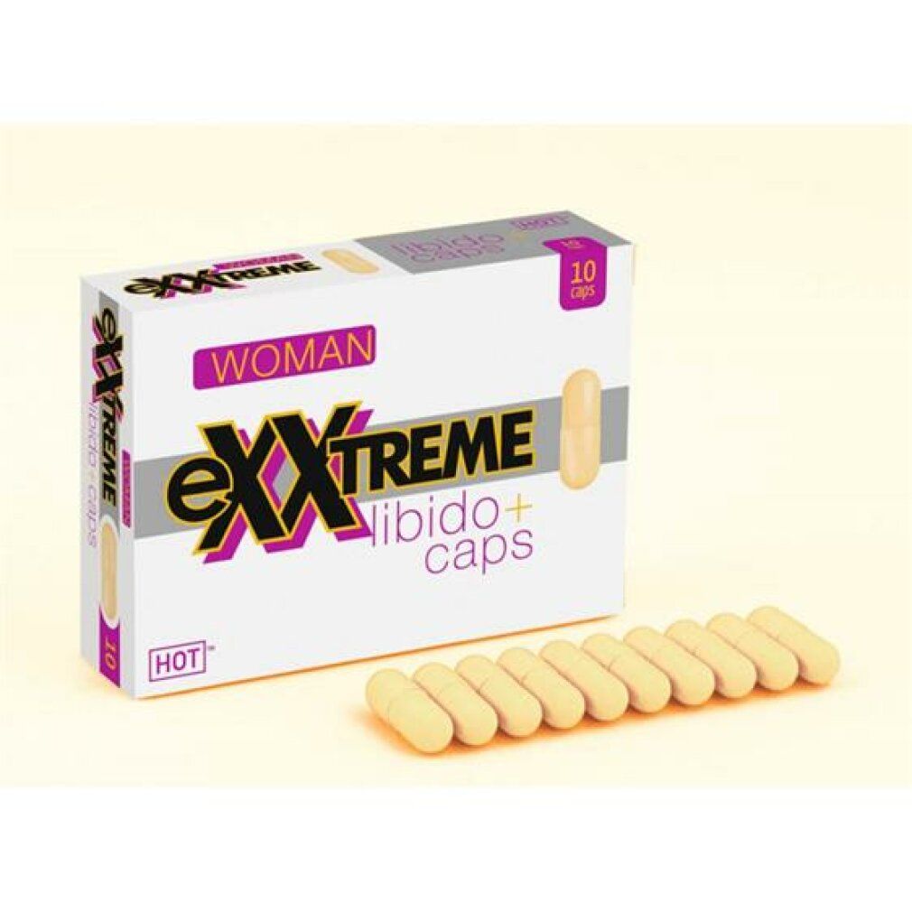 Weiße Schachtel mit eXXtreme, WOMAN, Libido+ caps und 10 Kapseln. Daneben liegen 10 gelbe Kapseln.