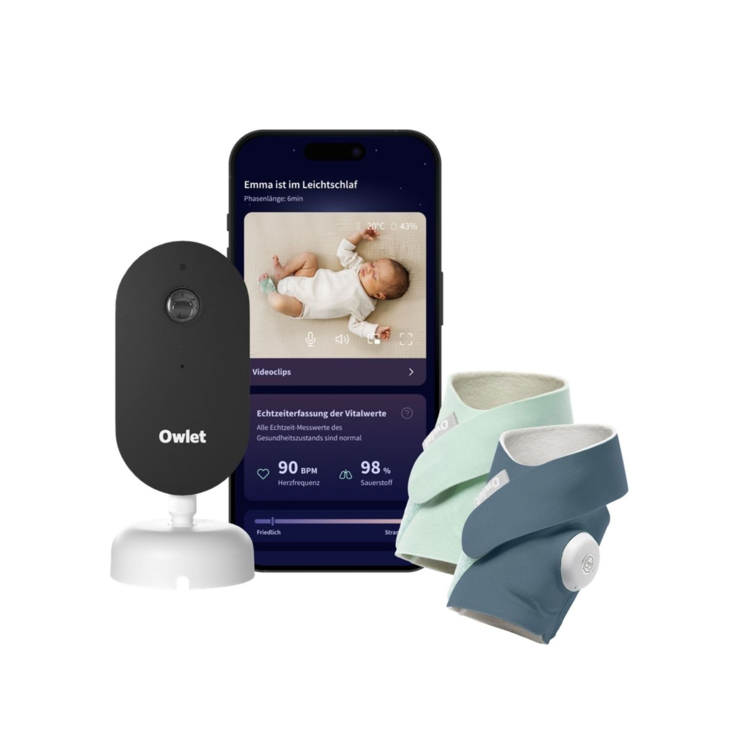 Owlet Baby Monitor: Kamera, Smartphone-App mit Babyfoto und Vitalwerten, zwei Sensoren in Mint und Blau.