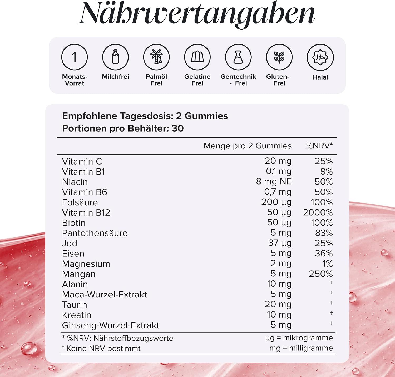 Nährwertangaben für Gummibärchen mit Vitaminen und Pflanzenextrakten.