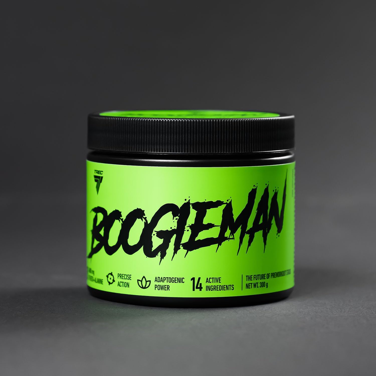 Grüner Behälter mit der Aufschrift "BOOGIEMAN". Enthält 14 aktive Inhaltsstoffe.