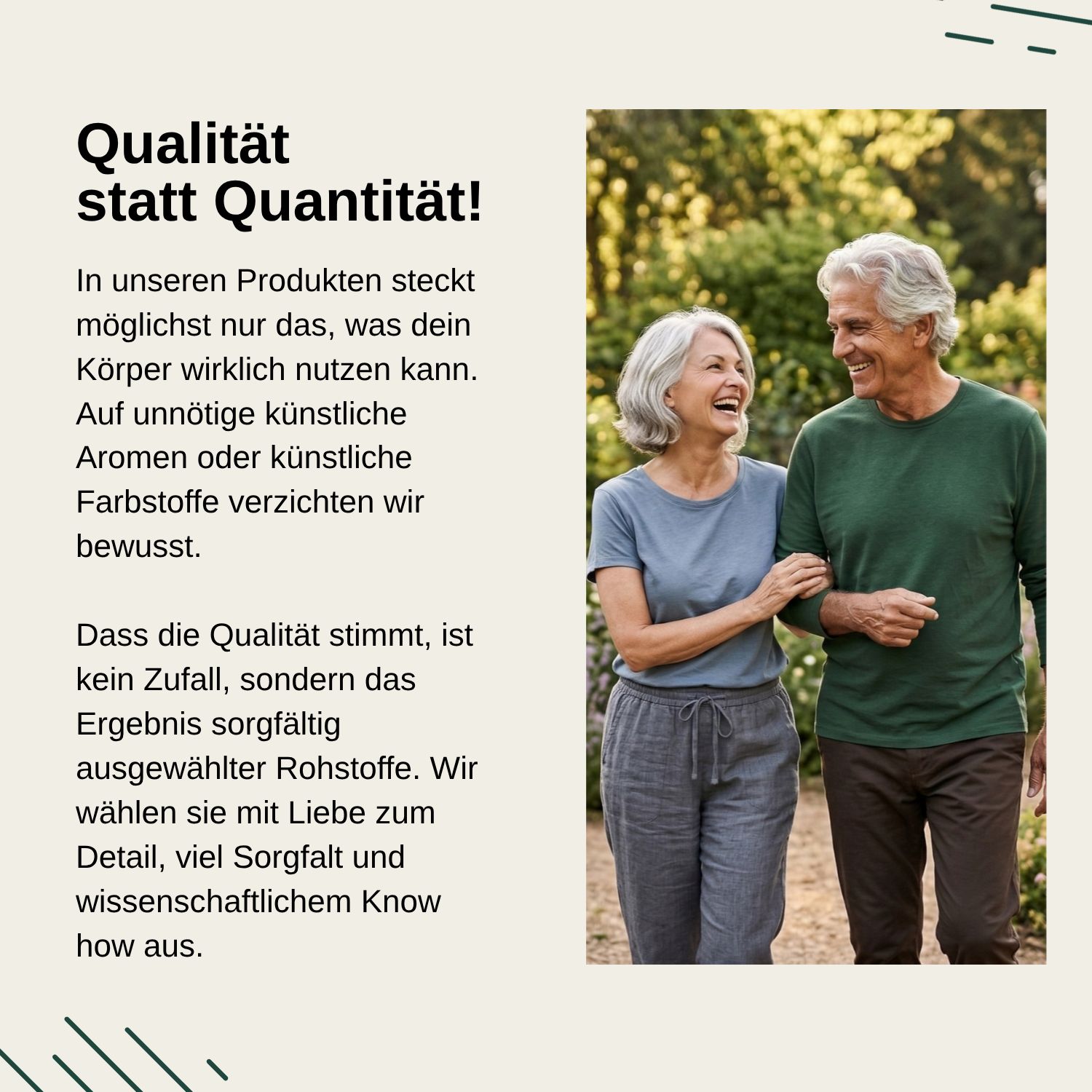 Älteres Paar spaziert im Freien, Vita Elements Qualität statt Quantität.