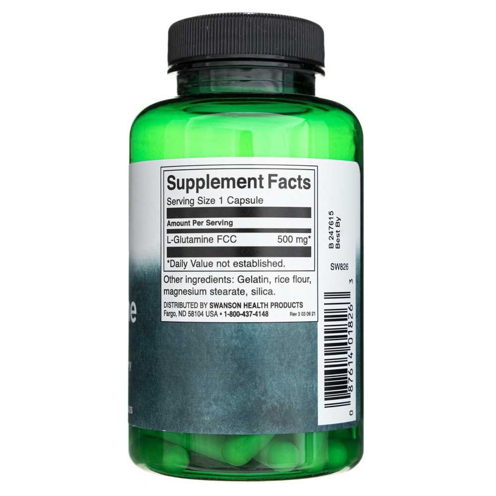 Rückseite einer grünen Flasche Swanson L-Glutamin 500 mg. Zeigt Nährwertangaben und Inhaltsstoffe.