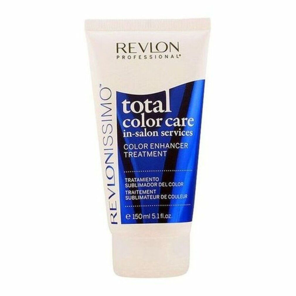 Weiße Tube mit blauer Beschriftung. Aufschrift: Revlonissimo Total Color Care Color Enhancer Treatment. Volumen: 150 ml.