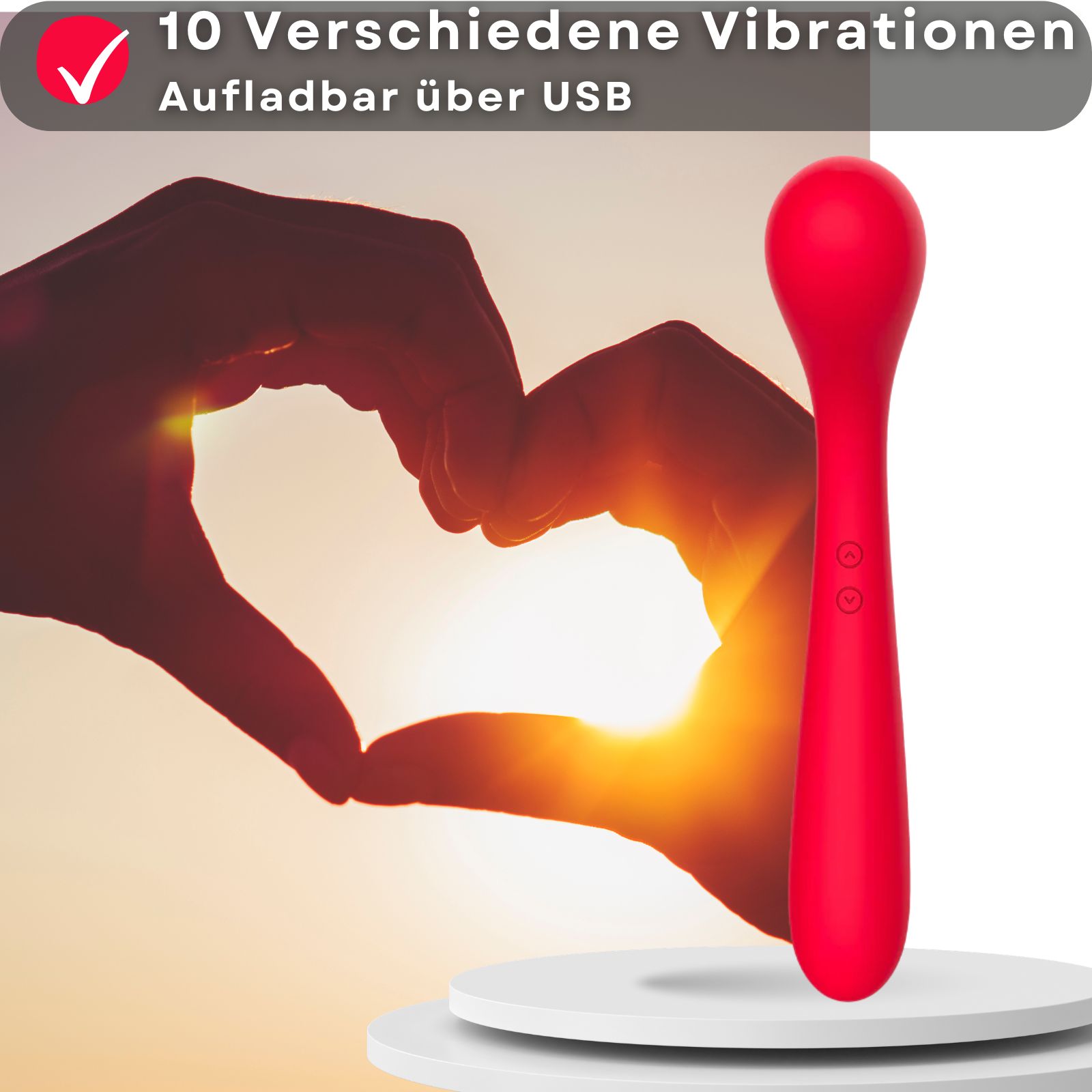 Roter Vibrator. 10 Vibrationen. USB-aufladbar. Keine weiteren Details.