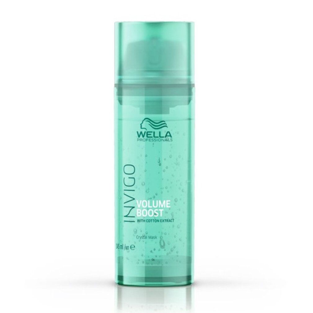 Transparente Flasche mit türkisfarbener Flüssigkeit. Aufschrift: Wella Invigo Volume Boost. Mit Baumwollextrakt. 150 ml.