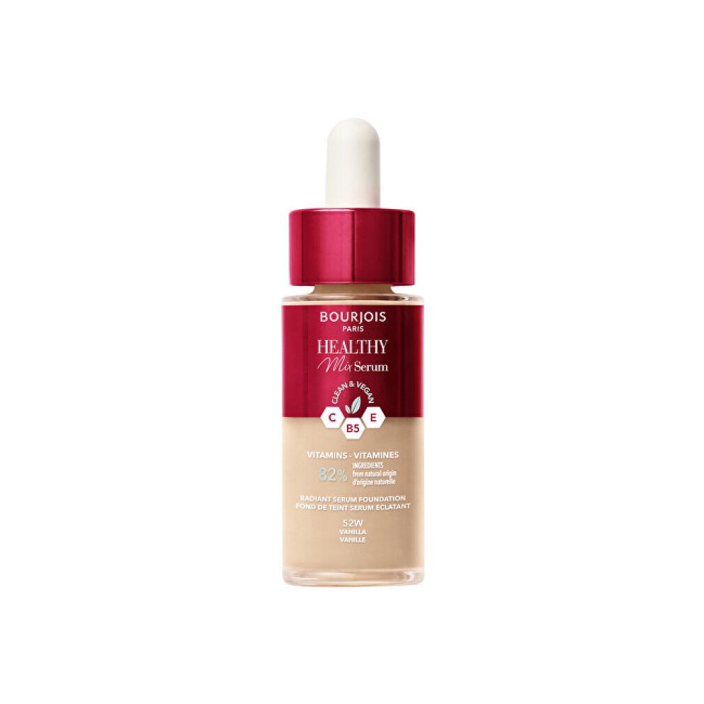 Flakon Healthy Mix Serum Foundation. Rotes Etikett mit Produktnamen und Inhaltsstoffen. Farbton 52W-Vanille. Mit Pipette.