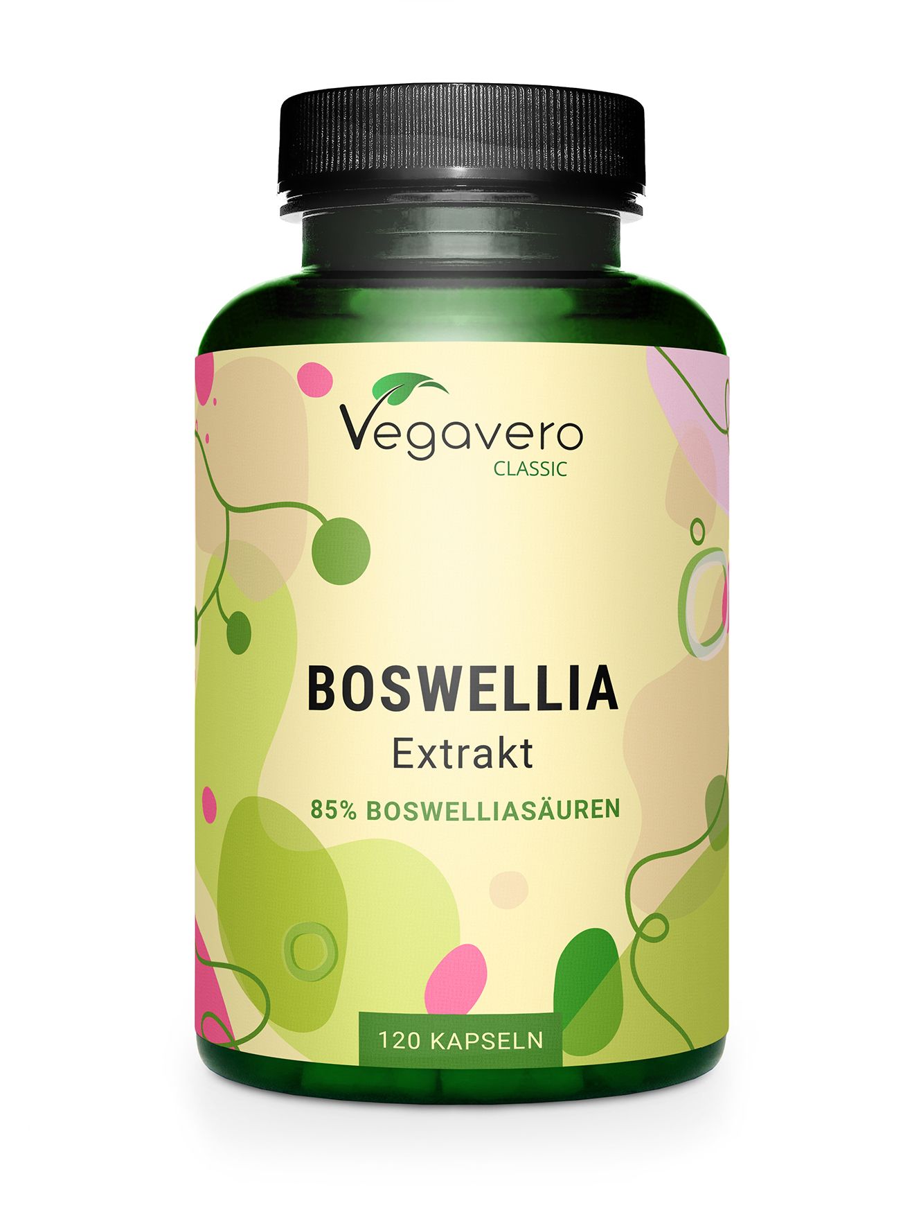 Grüne Flasche mit schwarzen Deckel. Aufschrift: Boswellia Extrakt, 85% Boswelliasäuren, 120 Kapseln. Marke: Vegavaro Classic.