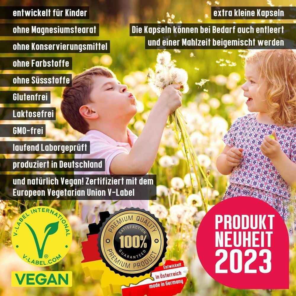 NatureCraft Vegan All-In-One KIDS: Infografik mit Kindern und Darstellungen von Körperfunktionen und Zellen.