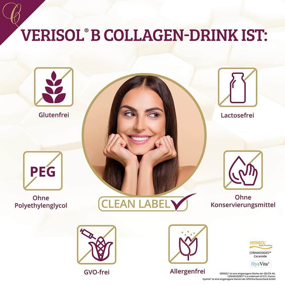 Grafik mit Symbolen, die die Eigenschaften von Cellufine® VERISOL® B Collagen-Drink hervorheben. Enthält Symbole für glutenfrei, laktosefrei usw.
