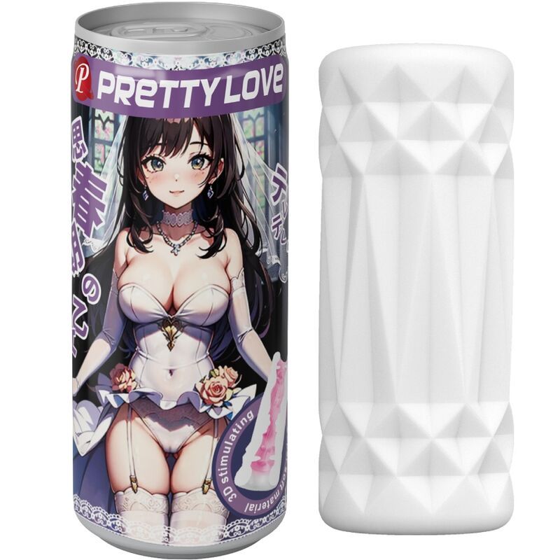 Verpackung und weißer Masturbator mit geometrischem Muster. Dose zeigt Anime-Figur.