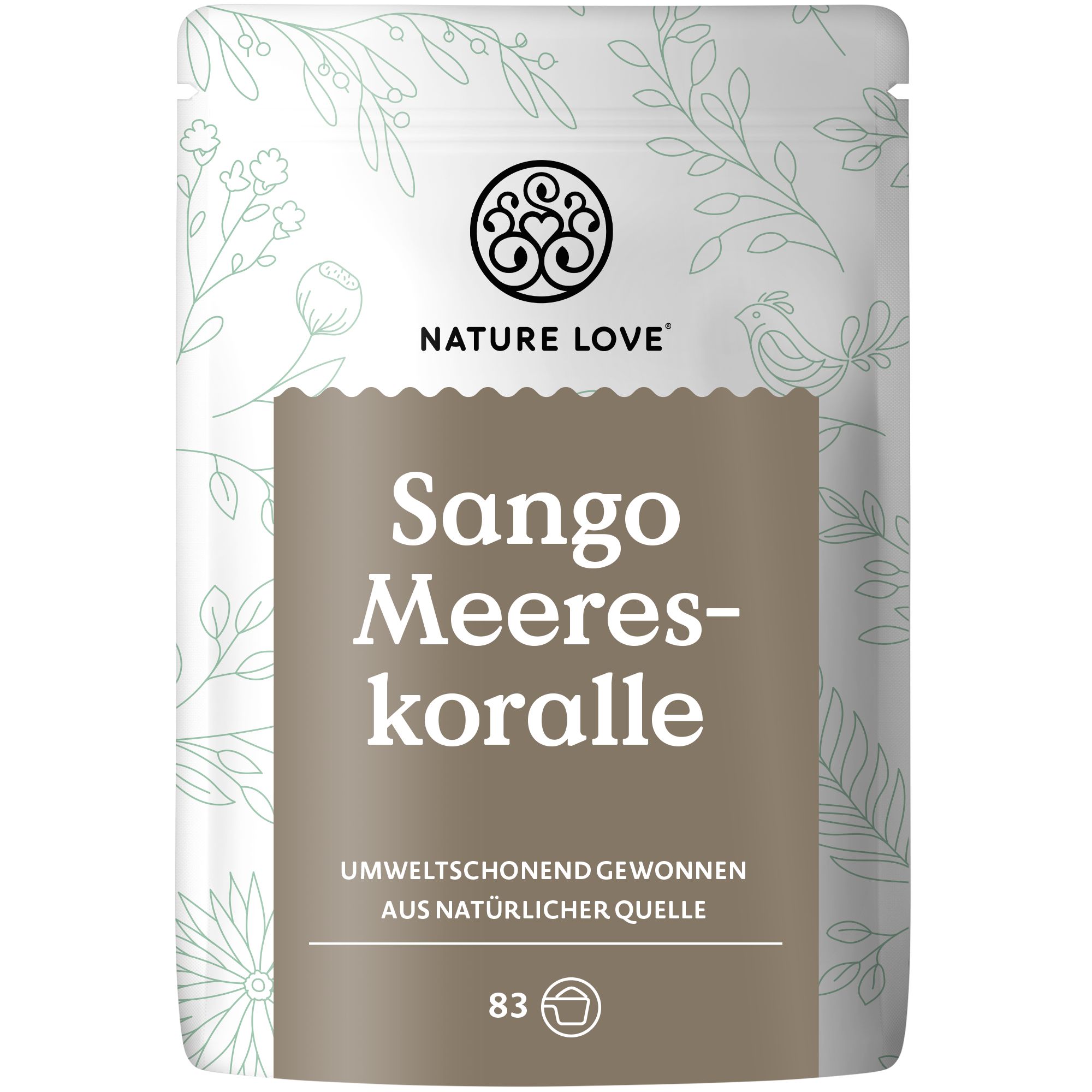 Beutel mit Produktaufdruck. Aufschrift: Sango Meereskoralle. Logo und Text: NATURE LOVE®. Umweltfreundlich gewonnen.