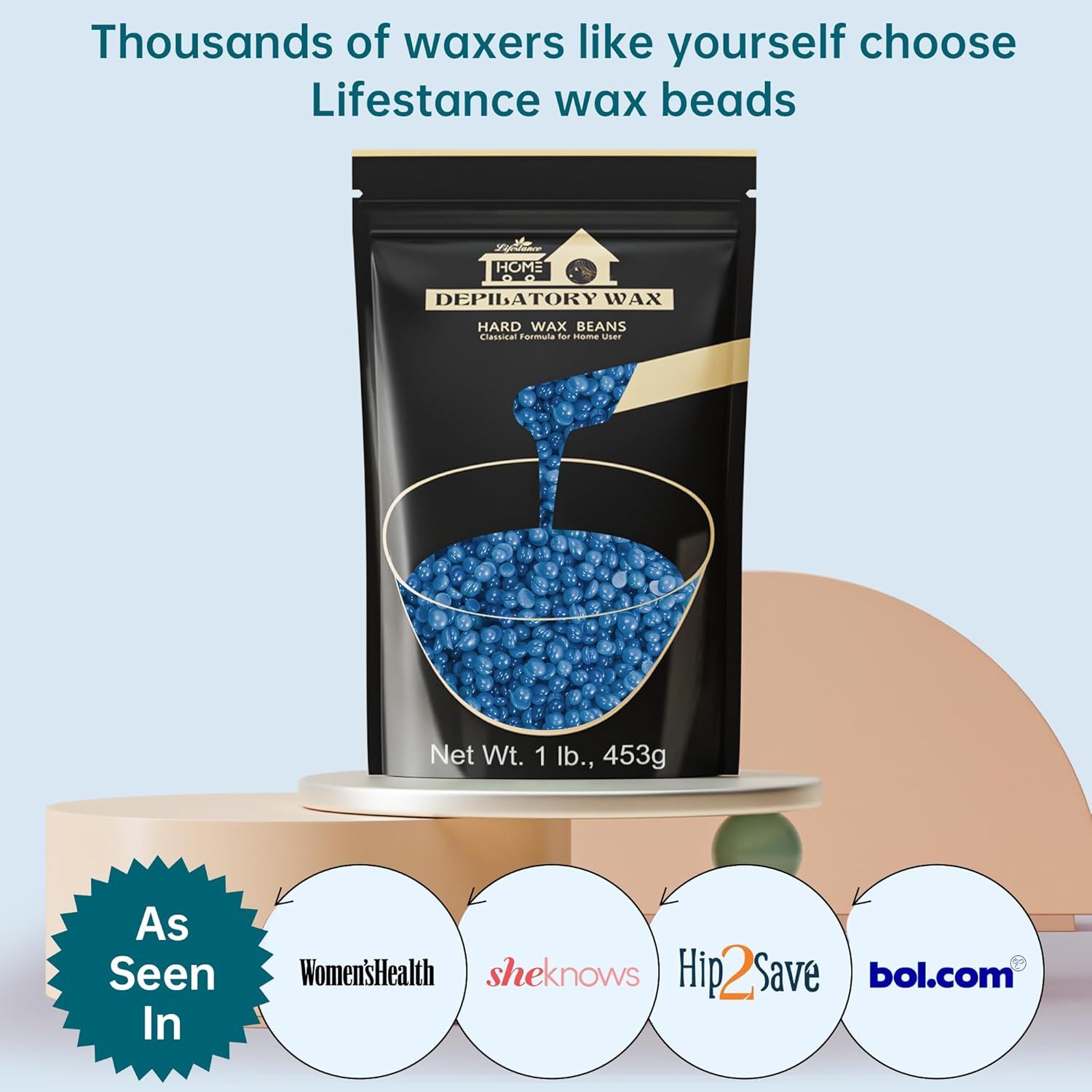 Schwarze Tüte mit blauen Wachsperlen. Text: Lifestance, 1 lb, 453g. As Seen In: Women's Health, sheknows, Hip2Save, bol.com.