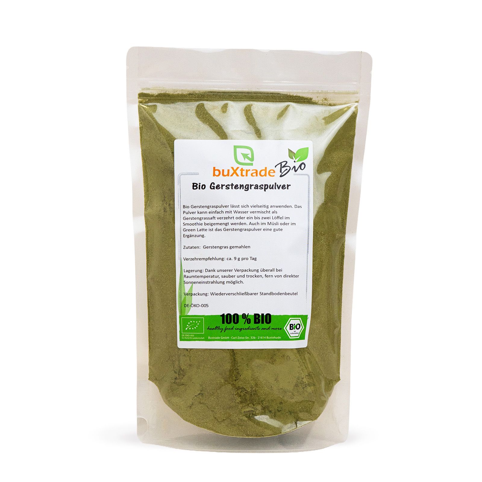Transparente Tüte mit grünem Pulver. Aufdruck: buXtrade Bio Gerstengraspulver, 100% BIO.