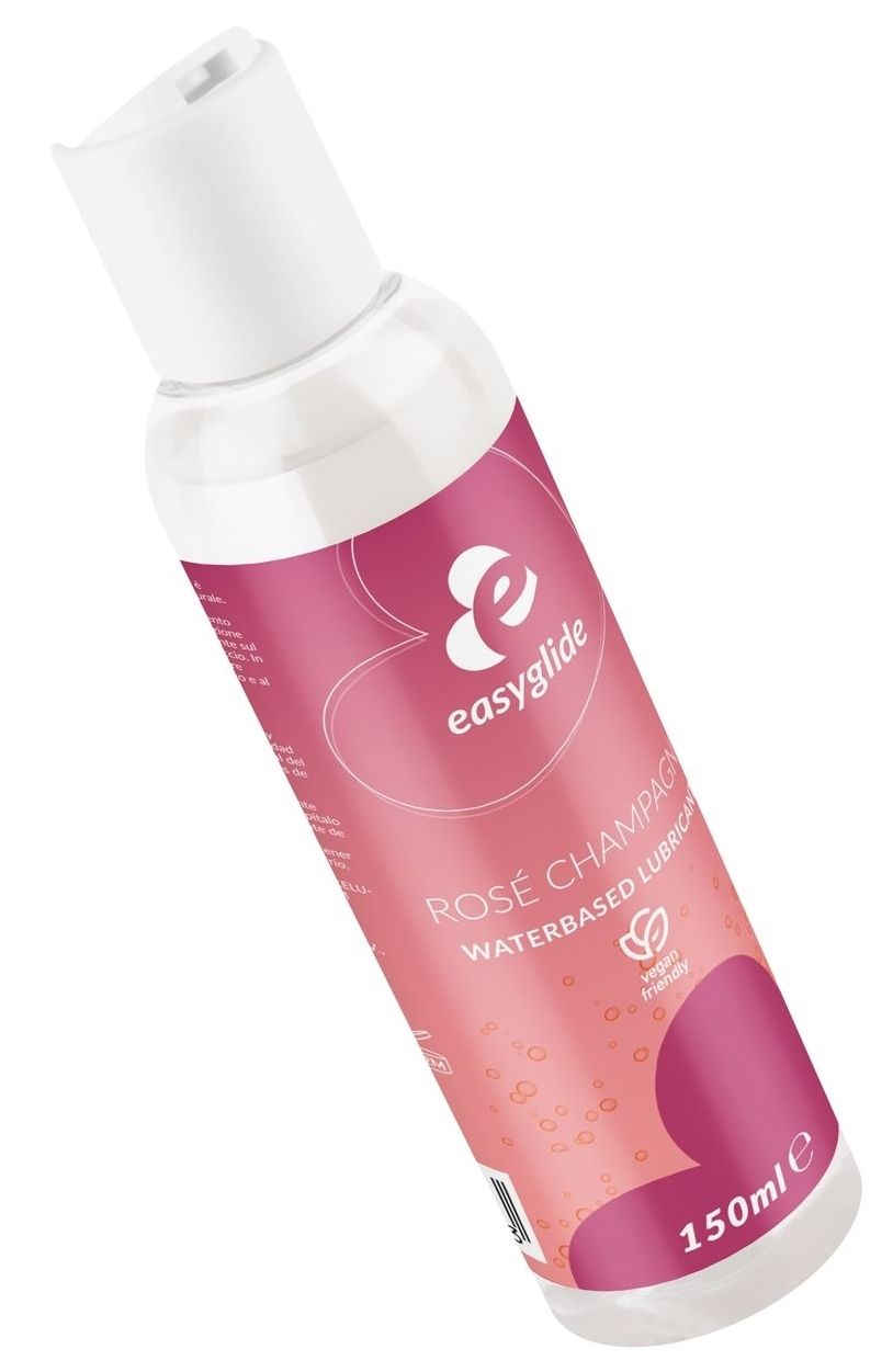 Schräge Ansicht einer transparenten Flasche mit weißem Deckel. Rosa Etikett mit Produktname und Logo. Vegan-Siegel. 150ml.