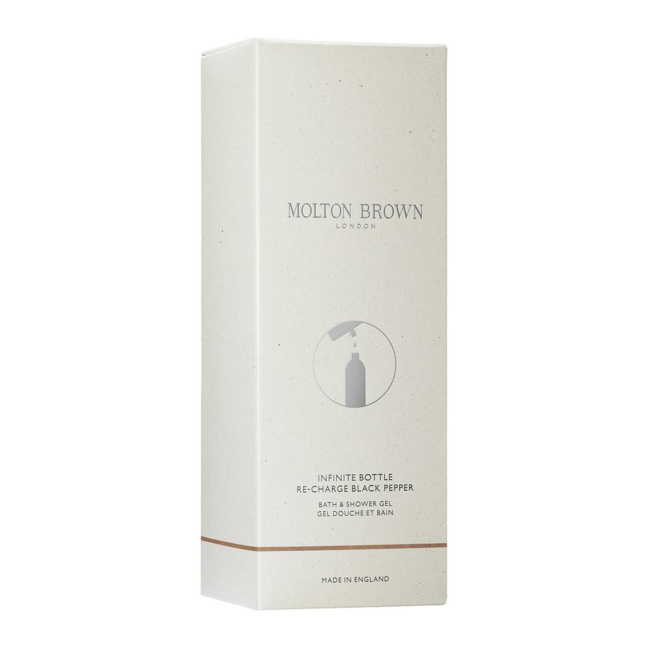 Weißer Karton mit Produktinformationen. Marke Molton Brown. Text: Infinite Bottle Re-Charge Black Pepper.