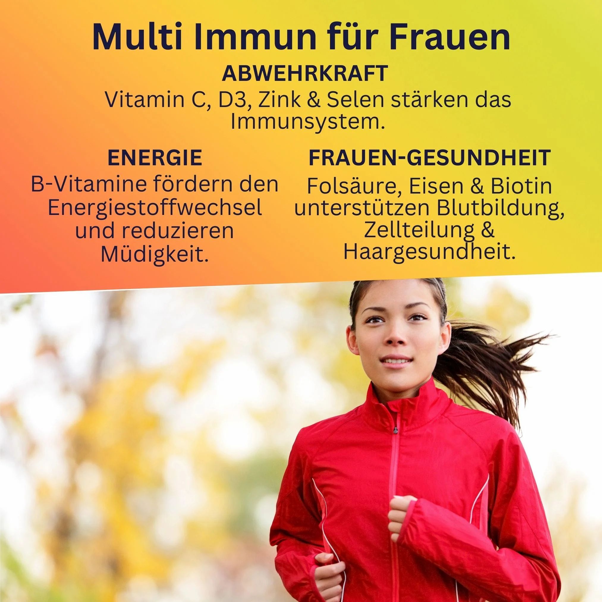 Text mit Informationen zu Multi Immun für Frauen. Eine Frau läuft in roter Jacke. Text über Abwehrkraft, Energie und Frauengesundheit.