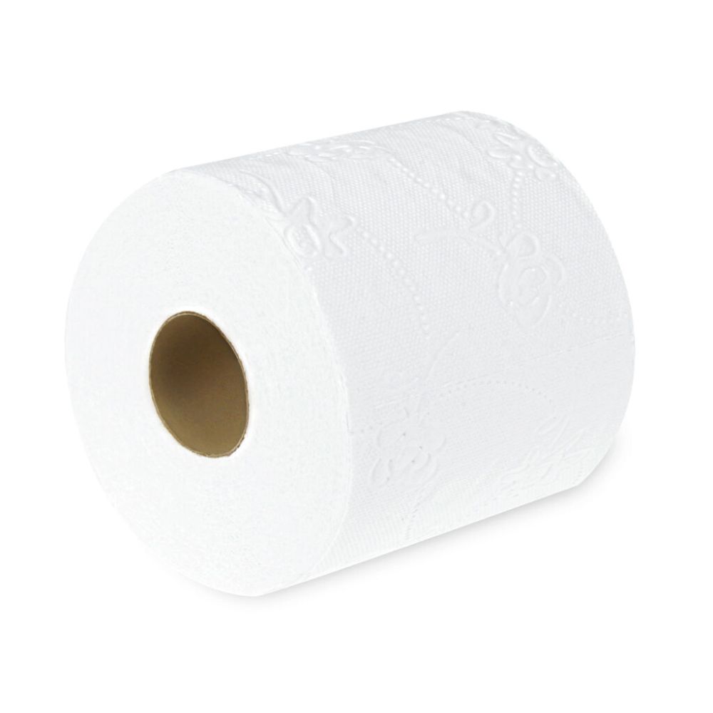 Eine Rolle weißes, 2-lagiges Toilettenpapier mit Prägung.